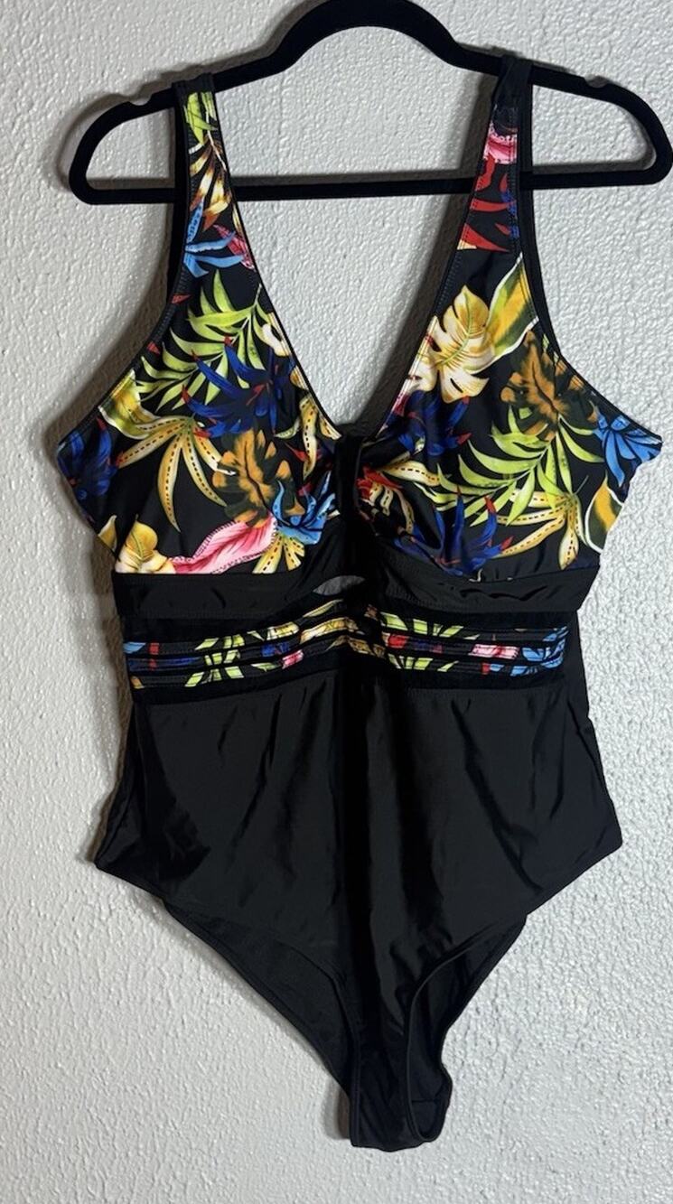 Women’s Black One-Piece Swimsuit Wide Strap Lined Tropical Floral Print size 4XL